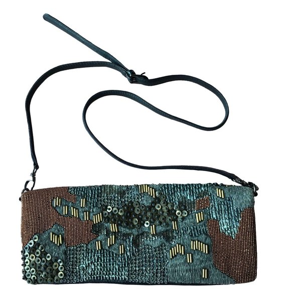7 Chi Mixed Media Shoulder Bag Clutch Leather Beaded Embroidered Abstract Design - Picture 1 of 7